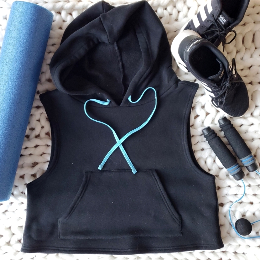Black Sleeveless Hoodie with Blue Accents